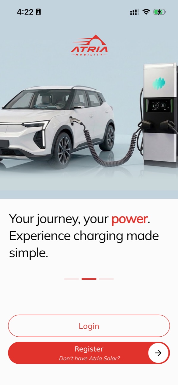 Atria Mobility app welcome screen — “Your journey, your power”, with Login and Register