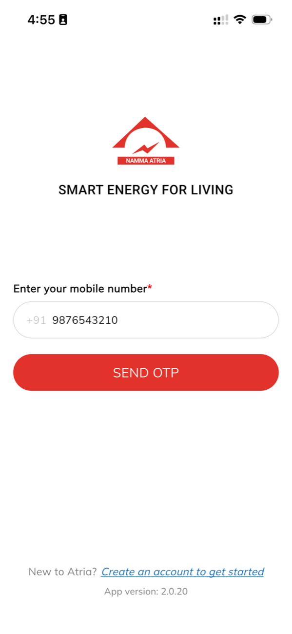 Atria Mobility app sign-in screen — enter your mobile number and tap Send OTP
