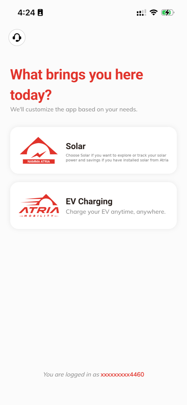 Atria Mobility app — choose EV Charging or Solar to tailor the app