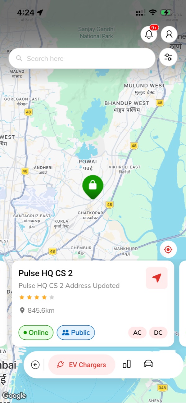 Atria Mobility app map screen — nearby charging station pin with its status card