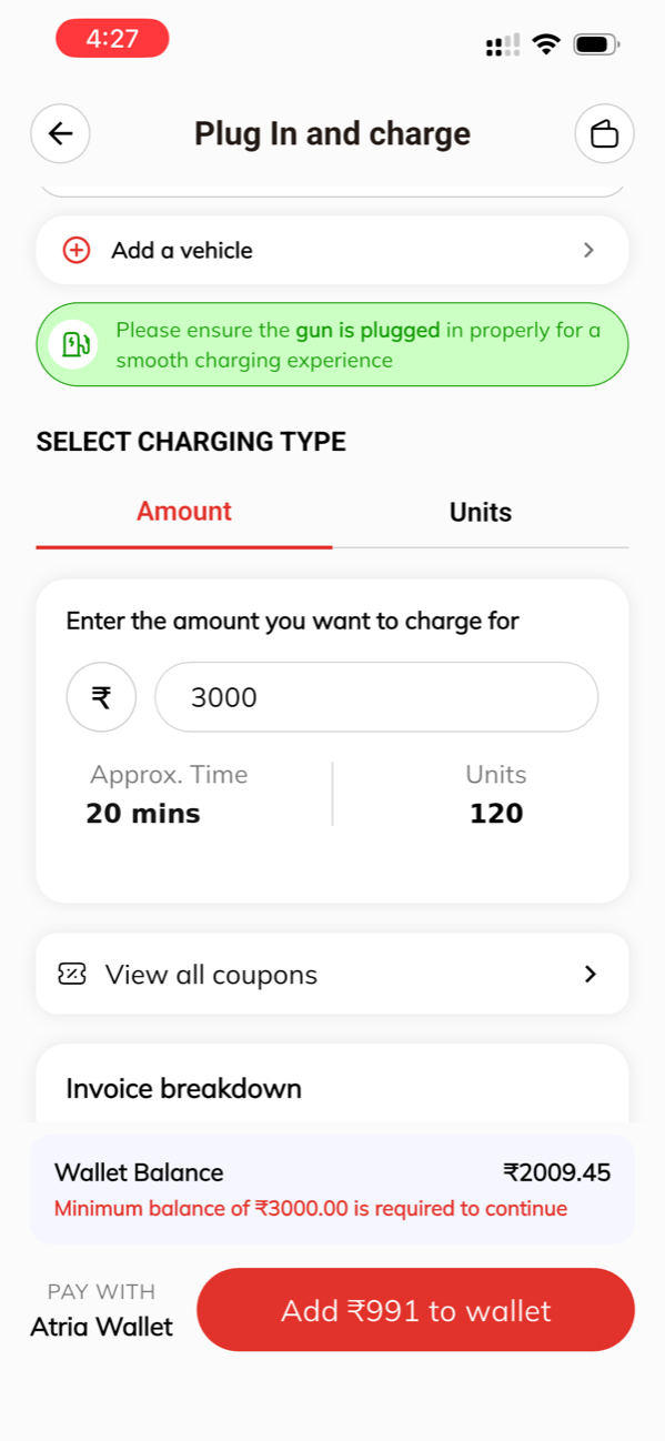Atria Mobility app — plug in, set the amount or units to charge for, and pay from the wallet