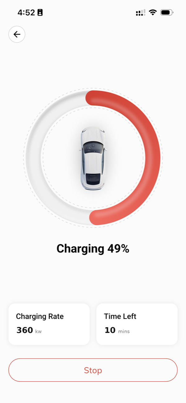 Atria Mobility app live session screen — charging at 49 percent with rate and time left