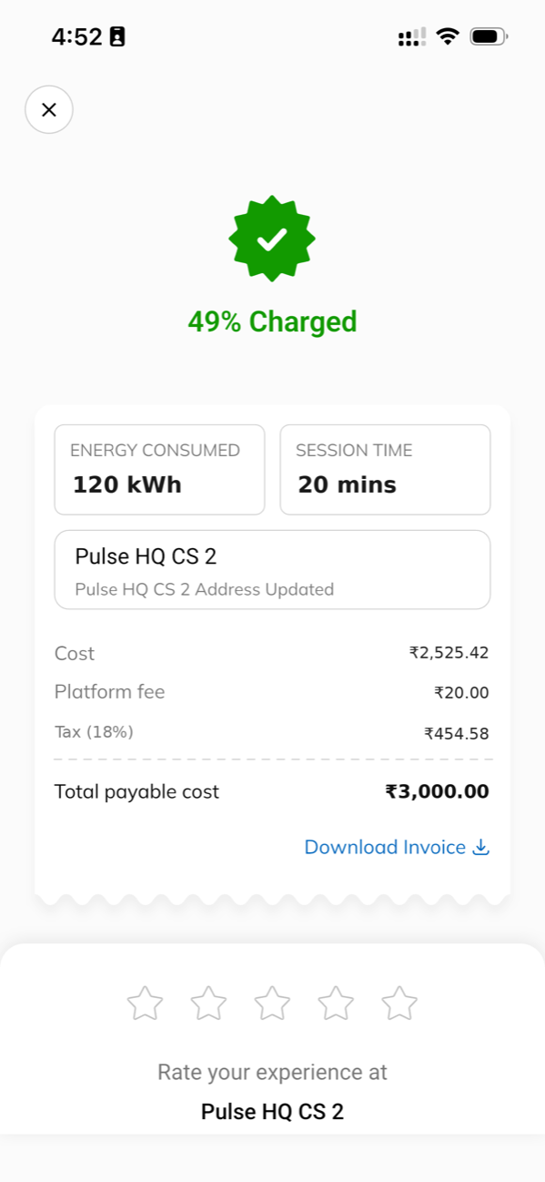 Atria Mobility app session summary — energy, time, itemised cost and Download Invoice